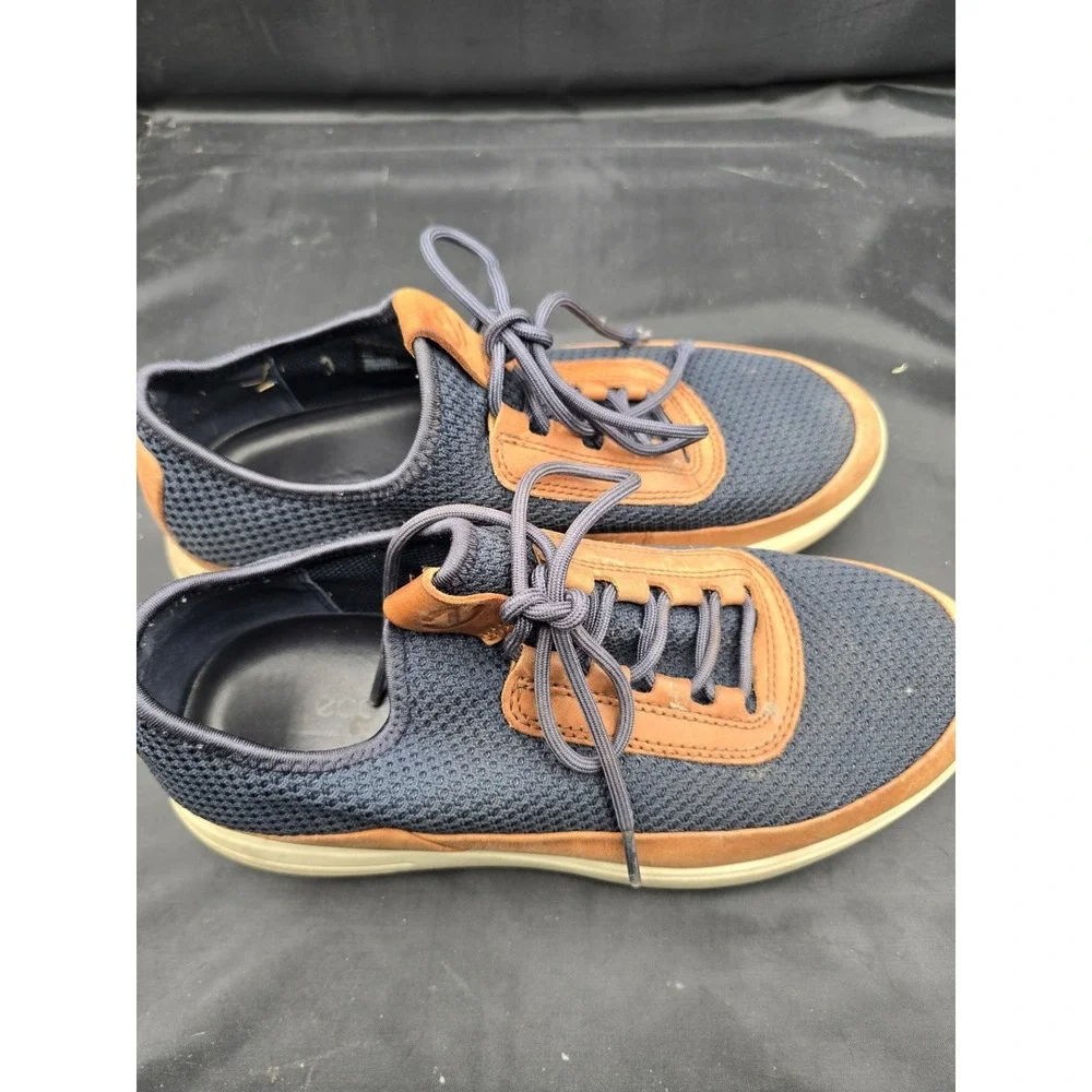 ECCO Mens Sport Shoe Navy Weave Caramel‎ Leather Trim Danish Sz 8